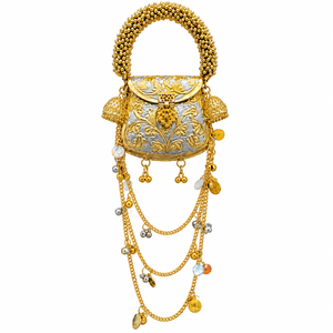 Sac à main en argent allemand bicolore pour femmes |   Sac à main ethnique Potli avec poignée perlée, motif floral et chaînes suspendues - Product Image 1