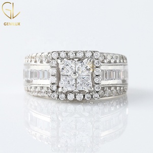 Princess Moissanite Engagement <b>Ring</b> with Quad Diamond Band, Baguette & Round Cut Halo Design, 14K Solid White Gold <b>Ring</b> - Product Image 1