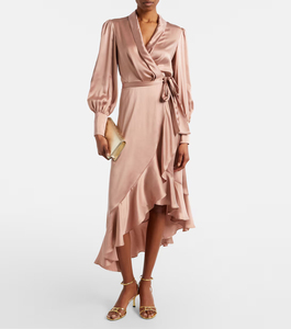 Robe longue décontractée pour femme en crêpe côtelé, style portefeuille, avec fente, motif uni, manches longues, personnalisable pour l'automne - Product Image 1
