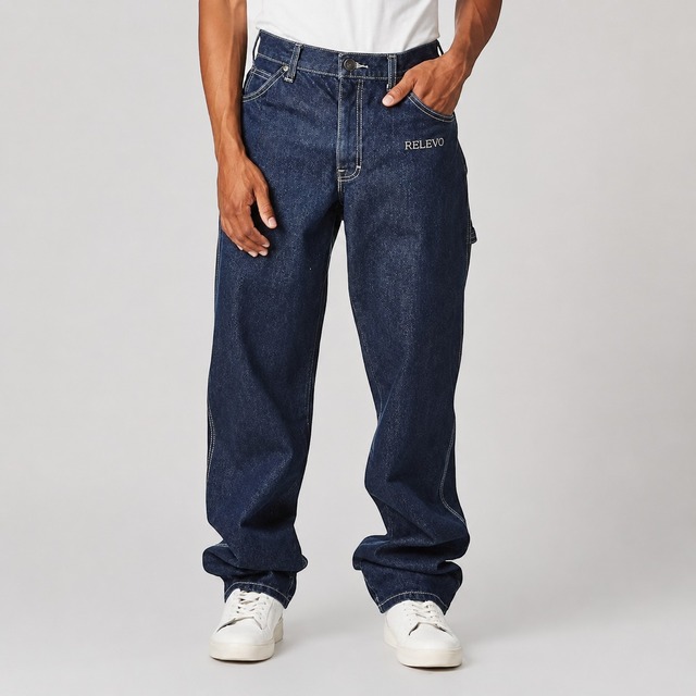 Men's Dark Blue Straight Leg Loose Fit Denim Jeans High Waist Casual Style Midweight Cotton Fabric Autumn Wear