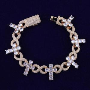 Pulsera de Lujo con Baño de Oro de 18K, Diseño de Cruz con Cristales, Cadena de Eslabones, Joyería Religiosa Unisex para Fiestas - Product Image 1
