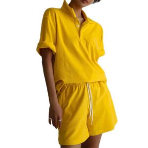 Conjunto de Camiseta de Manga Corta con Cuello con Volantes y Pantalones Cortos por Encima de la Rodilla para Mujer, Casual, Color Sólido, Spandex/Poliéster, Transpirable y Ecológico - Product Image 1