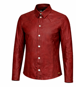 Men's Red Leather Shirt Jacket Casual Turn-Down Collar Regular Sleeve Solid Color Button Closure Autumn Wear - Product Image 1