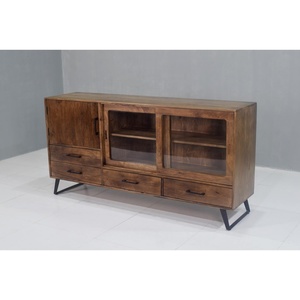 Lujo moderno europeo contemporáneo granja madera de mango sólido 3 cajones soporte de TV puerta de vidrio almacenamiento para sala de estar comedor - Product Image 6