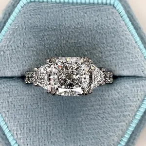 <b>Cushion</b> Cut Moissanite Engagement Ring Three Stone 925 Sterling Silver White Gold Plated Bridal Ring <b>for</b> Women - Product Image 2