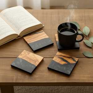Handmade Resin Wood <b>Coasters</b> Square <b>Drink</b> <b>Coasters</b> Black Marble Look <b>Coaster</b> Set <b>for</b> Home Christmas Gift - Product Image 5