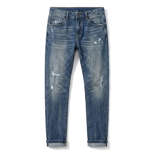 Jean en denim déchiré coupe droite pour homme, taille mi-haute, coupe slim, en coton, délavé, style décontracté automne - Product Image 5
