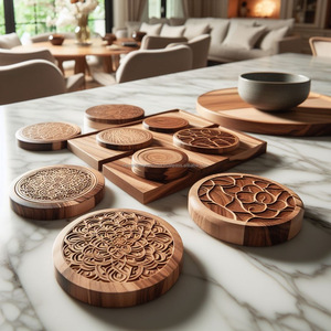 Sous-verres carrés et ronds faits à la main en bois d'acacia protégeant votre table des taches de café et des résidus de verre avec un design inspiré - Product Image 4