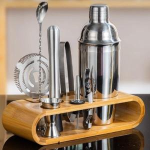 Ensemble d'outils de bar portables en acier inoxydable avec support en bois, shaker à cocktails, passoire, doseur, muddler pour la préparation de cocktails - Product Image 1