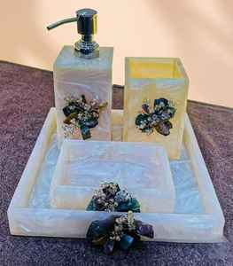 Juego de Accesorios de Baño de Resina de Cuarzo Rosa: Dispensador de Jabón Líquido, Portacepillos de Dientes, Jabonera, Bandeja para Toallas de Invitados - Product Image 6