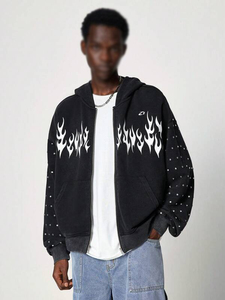 Flame Graphic Zip Hoodie Cotton Fleece Oversized Streetwear Rhinestone Sleeve Detail Hoodies for Men Private Label OEM - Product Image 5