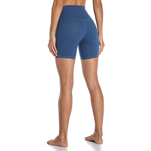 <b>Women</b> Dark <b>Blue</b> High Waist Printed Workout <b>Shorts</b> With Pockets Breathable Elastic Waist Sporty Style Knitted Spandex Polyester - Product Image 5