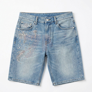 Pantalones Cortos de Mezclilla Personalizados para Hombre con Pedrería, Pantalones Cortos de Jean Lavados de Primera Calidad, Ropa Urbana de Lujo, Fabricante OEM ODM de Marca Privada - Product Image 1
