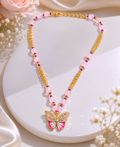 Colgante Personalizado Bañado en Rodio con Mariposa Esmaltada y Circonitas, Cadena de Cuentas de Cuarzo Rosa, Joyería con Dijes de Piedras Preciosas, Regalo para Mujer - Product Image 3