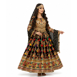 Vestido Étnico Tradicional Indio de Seda Negra Bordada, Largo hasta el Suelo, para Mujer, Corte Regular, para Todas las Temporadas, Vestido Étnico Afgano Kuchi - Product Image 5