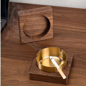 Cendrier de luxe en bois de noyer et laiton avec couvercle, coupe-vent, pour cigarettes et cigares, décoration de bureau, coffret cadeau pour fumeur - Product Image 6