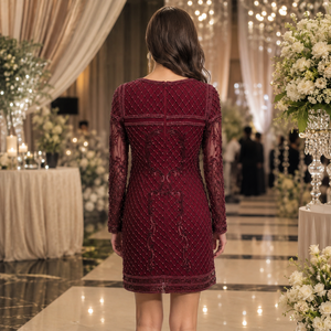 Luxury Burgundy Embroidered Modern Cocktail Women Premium <b>Sequin</b> Beaded Party Elegant Full Sleeve Formal Halter Neck Knee-Length - Product Image 4