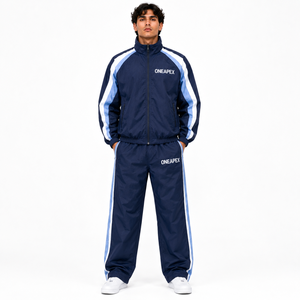 Ensemble de survêtement bleu marine pour homme avec rayures blanches, veste de sport légère et pantalon, streetwear d'entraînement - Product Image 1