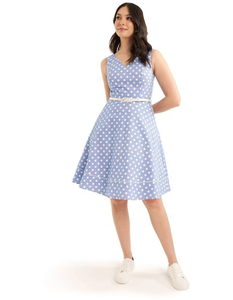 Fabricant OEM Vente en gros Usine Robe décontractée blanche à pois Décolleté en V Corsage ajusté Ceinture contrastée naturelle - Product Image 3