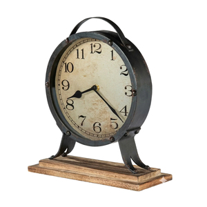 Rustic Industrial Iron Table Clock <b>Wooden</b> Base Metal Frame Desk Clock Vintage Arabic Numeral Tabletop <b>Mantel</b> Clock for Farmhouse - Product Image 1