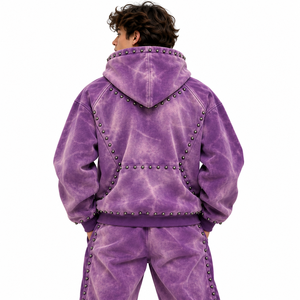 Sweat à capuche zippé en velours bouclette épais 450 g/m² pour homme, avec rivets rouges et broderies, en coton épais pour l'hiver - Product Image 2