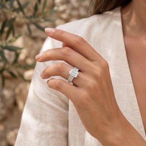 Gorgeous 2CT <b>Emerald</b> Cut Moissanite 7 Stone <b>Ring</b> 925 <b>Silver</b> With Rhodium Plated Wedding Jewelry for Women's Party Gift - Product Image 5