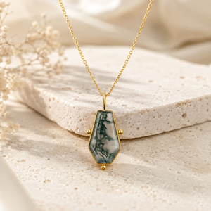 18k gold plated moss agate coffin shape pendant unique trendy necklace handmade jewelry bezel setting gemstone fashion jewelry - Product Image 1