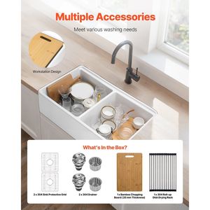 Lavello da cucina a doppia vasca in argilla refrattaria bianca 33x20 pollici, con frontale a grembiule, stile Farmhouse, installazione sottopiano, multiuso - Product Image 4