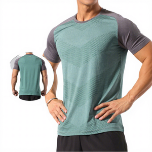 Men's Raglan Sleeve Quick Dry <b>Geometric</b> Pattern Sport T-<b>Shirt</b> Slim Fit O-Neck Polyester Knitted Short Sleeve Green Gray - Product Image 1