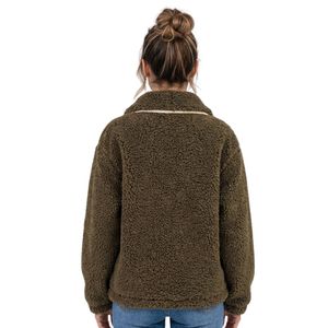 Plus Size <b>Brown</b> Teddy Fleece Coat High Collar Full Zipper White Piping Dual Pockets Warm Teddy <b>Jackets</b> - Product Image 2