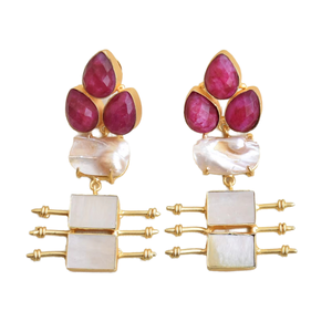 Natural Brass Drop <b>Earrings</b> Premium Pearl Handcrafted Semi Precious Satin Brass Finish Nickel Free Durable High Quality - Product Image 1