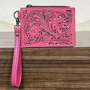 Porte-monnaie et porte-cartes en cuir véritable fait main, avec gravures florales, nouveau style western, fermeture éclair, pour femmes, portefeuille à poignet - Product Image 3