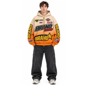 Sweat à capuche zippé oversize pour homme BRAND, motif imprimé streetwear, dégradé orange-beige, manches régulières, en tissu French Terry - Product Image 2