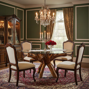 Table à manger contemporaine en racine de teck antique, plateau en verre trempé de 120 cm, finition naturelle brossée, écologique, unique, pour salon - Product Image 6