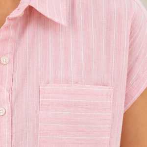Camisa de Manga Corta a Rayas Rosas para Mujer, Blusa Casual con Cuello y Botones, con Bolsillo - Product Image 6