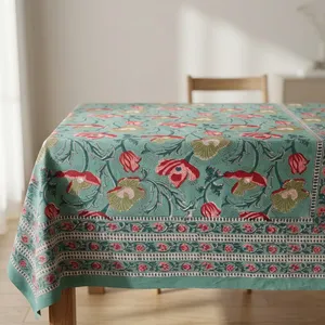 Mantel Rectangular con Diseño Floral Indio, Estampado a Mano - Product Image 4