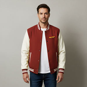 Wholesale Men's <b>Red</b> And Cream Varsity <b>Jacket</b> With Embroidered Brand Logo Front Button Closure Casual Autumn Wear Regular Fit - Product Image 4