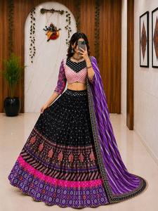Malai Faux Georgette Magnifique travail de miroir véritable, dentelle dorée Gota Zari, longueur au sol, séchage rapide, sans plis, protection solaire - Product Image 1