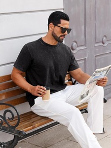 T-shirt Homme Unique Délavé à l'Acide, Coupe Ample, Manches Courtes, Motif Estompé, Style Audacieux - Product Image 5