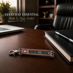 Porte-clés artisanal en cuir marron de qualité supérieure avec perles, motif géométrique turquoise gravé, fermoir pivotant durable - Product Image 2