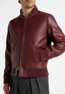 Men's Burgundy PU Leather <b>Bomber</b> <b>Jacket</b> Stand Collar Zipper Closure Casual Style Autumn Wear - Product Image 3