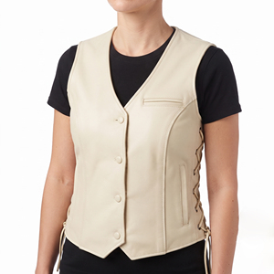 Gilet de moto en cuir véritable pour femme, décontracté, respirant, hiver, col en V, avec boutons sur le côté - Product Image 1