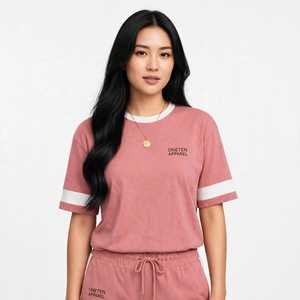 ชุดวอร์มผู้หญิง OneTen Apparel สีชมพู แต่งสีตัดกัน แขนสั้น คอกลม ผ้าหนาปานกลาง ทรงหลวม พร้อมเชือกผูกเอว ความยาวเต็มตัว - Product Image 5