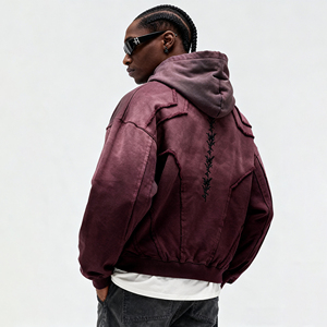 Men' s Embroidered Hoodies Cotton Custom Logo <b>Drop</b> Shoulder Patchwork Oversized Heavyweight <b>Acid</b> Wash Zip up Boxy Hoodie for Men - Product Image 2
