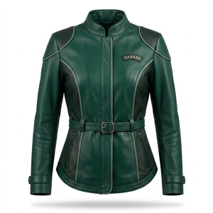 Darkry <b>Women</b> Belted Forest Emerald Green Genuine Leather <b>Jacket</b> Stand Collar Concealed Zip Tactical Moto Biker Outerwear Coat - Product Image 1