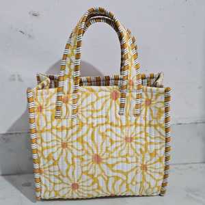 Quilted Striped Pattern Cotton <b>Tote</b> <b>Bag</b> Yellow <b>White</b> Zipper Closure Fashion Style All Seasons Use for Travel Shopping Beach - Product Image 4