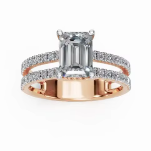 Bague de fiançailles en or jaune, rose ou blanc 9K, 14K, 18K avec émeraude de laboratoire taille émeraude de 0,631 carat et bande de diamants à 37 pierres, en or 9K, 14K, 18K. - Product Image 1