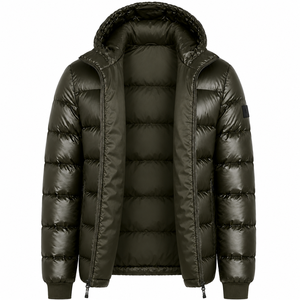 Men's Olive Green Eco-friendly Front Logo Puffer <b>Jacket</b> Windproof Zipper Closure Casual <b>Winter</b> Thick Solid Color Regular Fit - Product Image 2