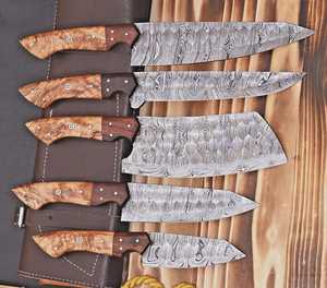 Ensemble de couteaux de chef professionnels en acier au carbone faits à la main, personnalisés, avec manche en os ambidextre, finition polie, étui en cuir pour cuisine - Product Image 3