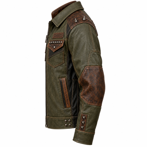 Chaqueta de Cuero Genuino Verde Oliva para Hombre, Estilo Motero con Tachuelas, Estampado Gráfico de Mapache, Abrigo con Tachuelas, Fabricante OEM ODM, Exportación a Granel - Product Image 4